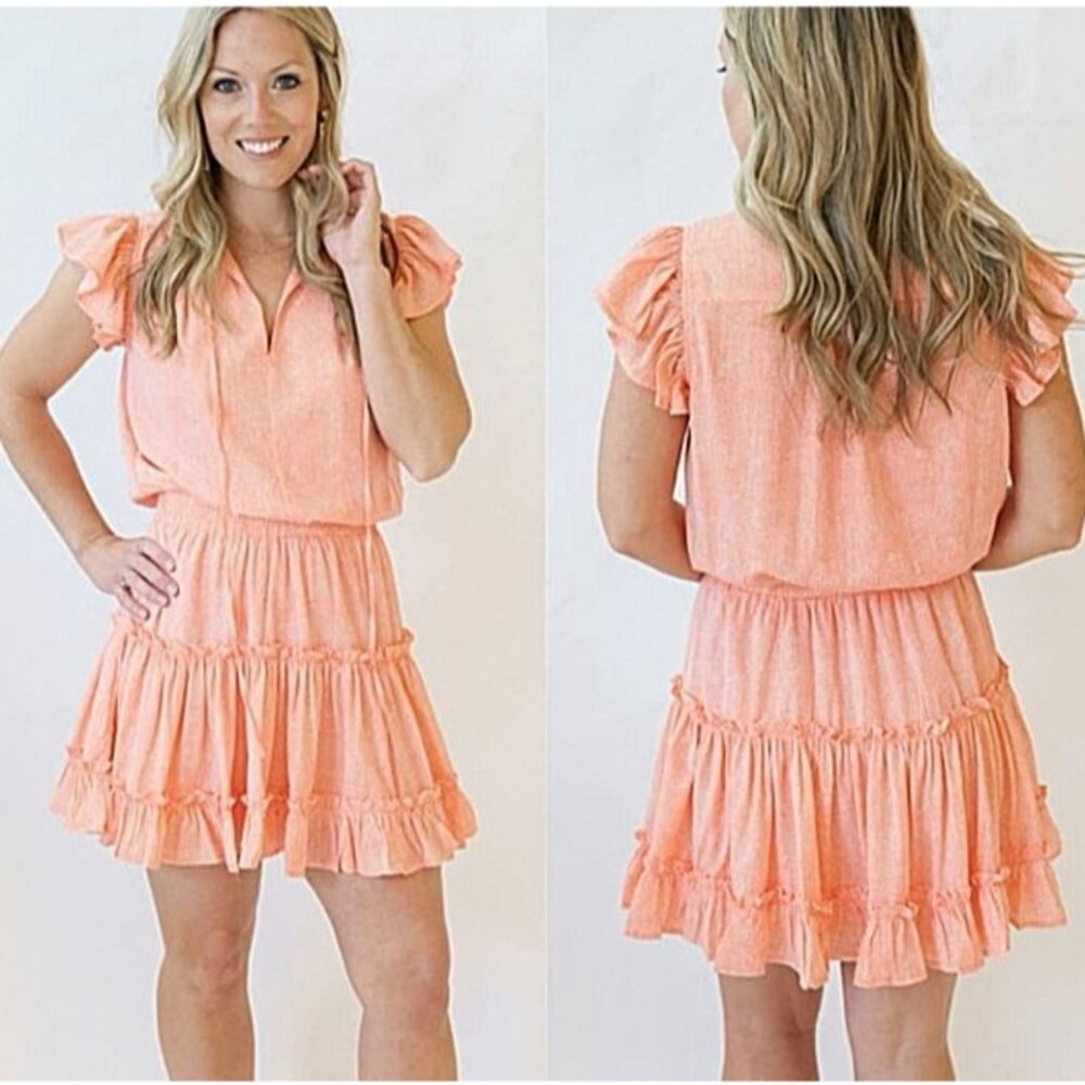 PINCH Orange Tiered Ruffle Dress‎ Size Large Flutter Sleeves Tie Front Keyhole